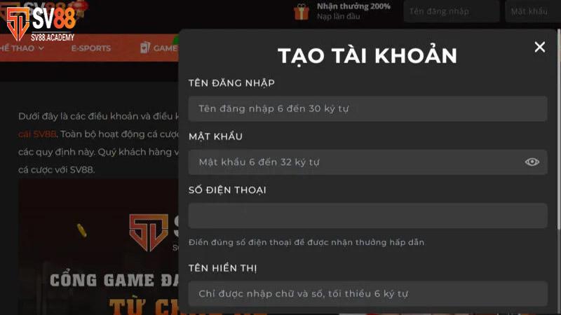 Các bước đăng ký tài khoản tại sv88